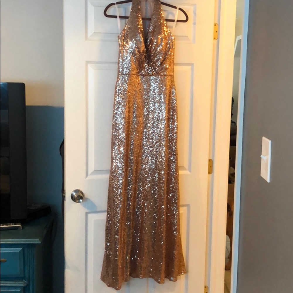 Christina Wu rose gold sequin bridesmaid dress